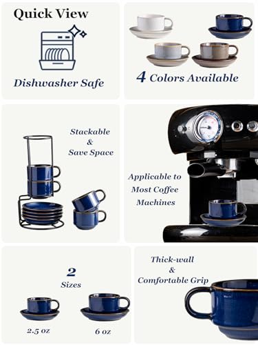 Gomakren Cobalt Blue 2.5oz Espresso Cups & Saucers Set of 4 with Metal Rack