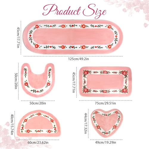 5-Piece Floral Bathroom Rug Set, Soft Absorbent Non-Slip Rose Bath Mats