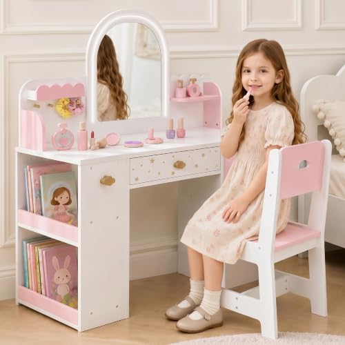 Kids Wooden Vanity Table and Chair Set with 3-Color Lighted Mirror