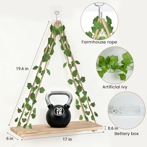 2-Piece Macrame Floating Wall Shelves with LED Lights and Artificial Ivy