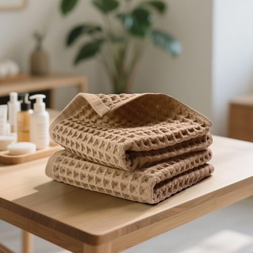 Waffle Weave Cotton Hand Towels - 2-Piece Set, 13" x 29", Tan