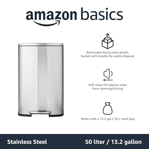 Large Stainless Steel Trash Can, 13.2 Gallon Rectangular Step Bin with Soft-Close Lid