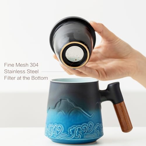 ZENS Blue 15.2oz Tea Cup with Infuser & Lid, Hand-Sprayed Gradient Ceramic
