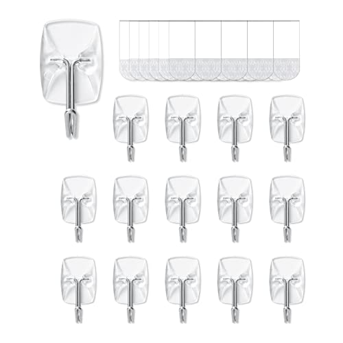 Clear Adhesive Wall Hooks, Damage-Free Hanging Hooks - 15 Pack with 30 Strips