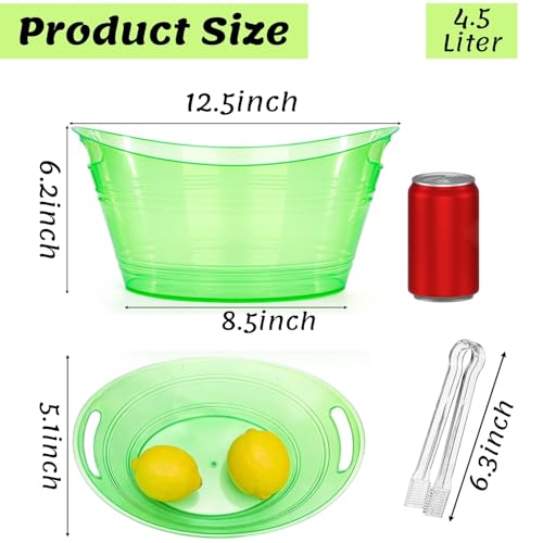 6 Pack Plastic Ice Buckets with Tongs - 4.5L Large Capacity, Neon Design