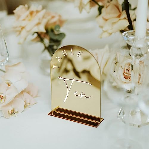 Gold Mirror Arched Acrylic Table Numbers 1-10 with Stands (5x7 Inch)