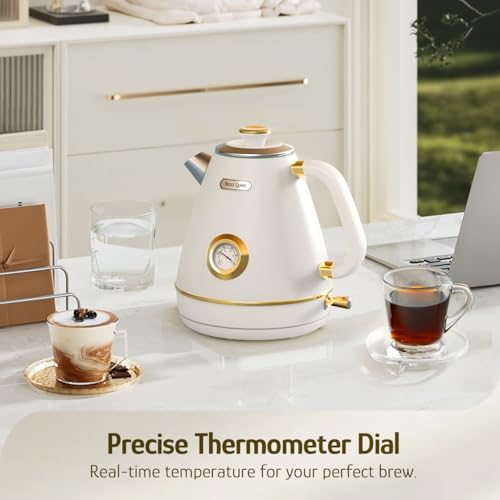 Retro Electric Kettle 1.7L Stainless Steel with Temperature Dial, Pearl White