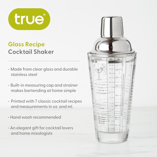TRUE Clear Glass Cocktail Shaker Set with Recipes & Measurements - 13.5 oz, Includes Jigger & Strainer, Set of 1