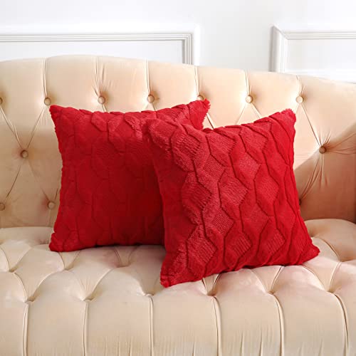 Volcanics Pack of 2 Christmas Red Faux Wool Throw Pillow Covers 20x20 Inches