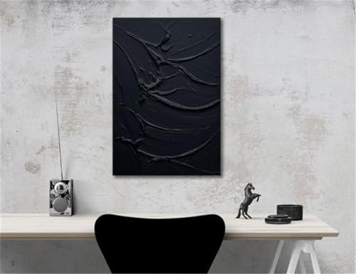 Minimalist Black Textured Oil Painting on Canvas 24x36 Inch Vertical Wall Art