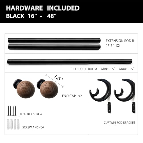 Adjustable Wood Grain Curtain Rod, 16-48 Inch Heavy Duty Drapery Rod Set
