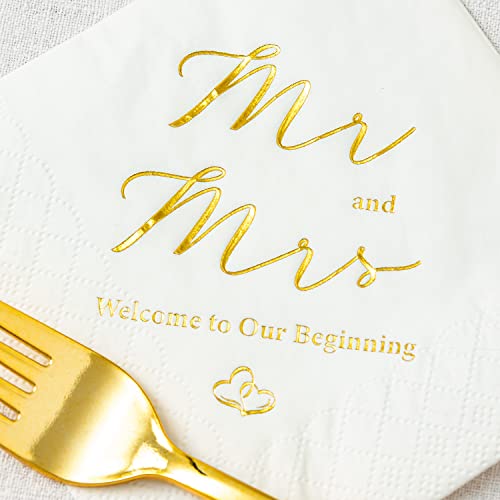 Gold Foil Mr & Mrs Wedding Cocktail Napkins 3-Ply 100 Count - Welcome Party Decor