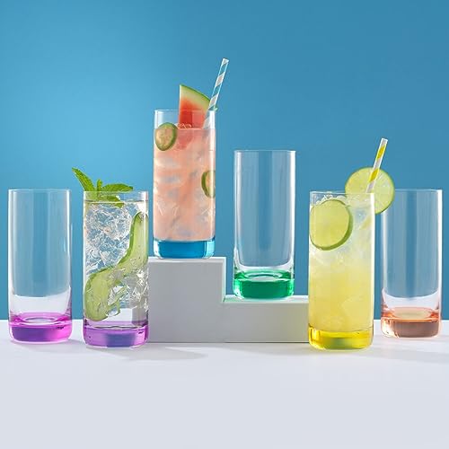JoyJolt Hue Highball Glasses Set of 6 - 13oz Colorful Cocktail & Drink Tumblers