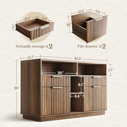 4-Drawer Fluted File Cabinet with Charging Station and Open Shelves