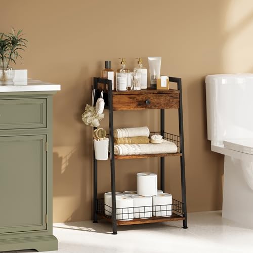 3-Tier Bathroom Ladder Shelf with Storage Drawer and Towel Hooks