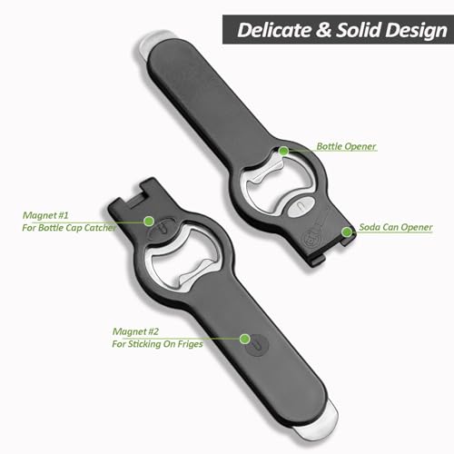 OPENPRO 2-Pack Black 2-in-1 Magnetic Can & Bottle Opener - Heavy Duty Stainless Steel, Large Handle, Fridge Magnet, Cap Catcher, Gift for Dad