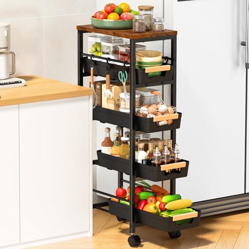 5-Tier Slim Storage Cart with Wheels & Wooden Top, Narrow Utility Cart