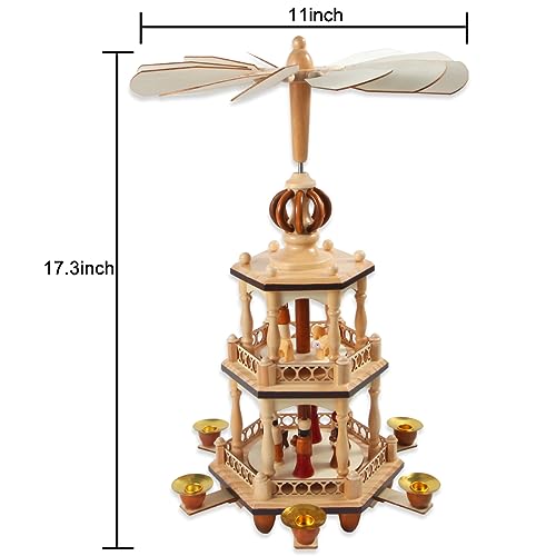 17" Wooden Christmas Pyramid - 3-Tier Nativity Carousel with 6 Candle Holders