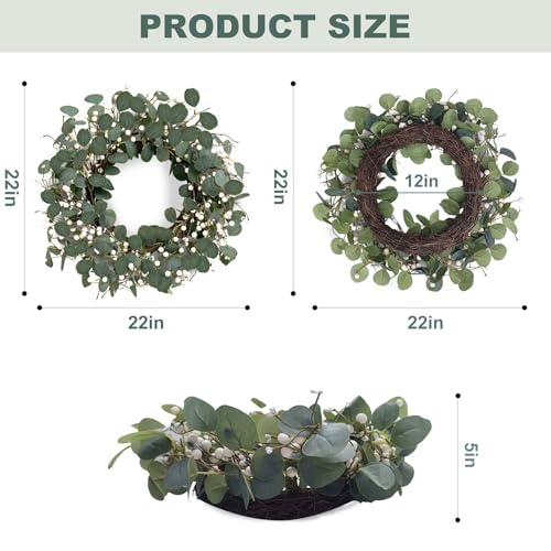 Green Eucalyptus Wreath 22in with White Berries - Front Door Holiday Decor