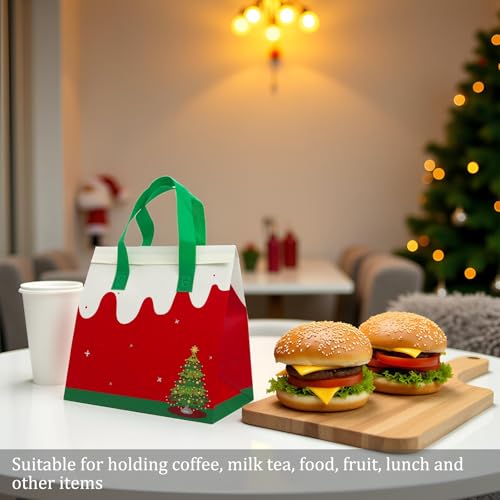 12Pcs Christmas Insulated Lunch Bags - Disposable Cooler Bags with Santa Holiday Design, 9.45 x 9.45 x 5.91 in, Red/Green/White