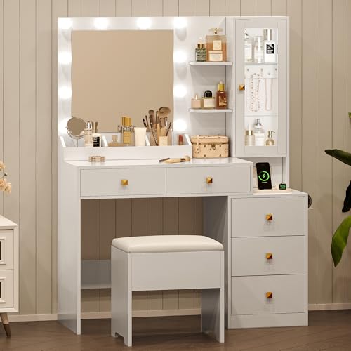 Makeup Vanity Desk with Lighted Mirror, RGB Glass Cabinet and Stool