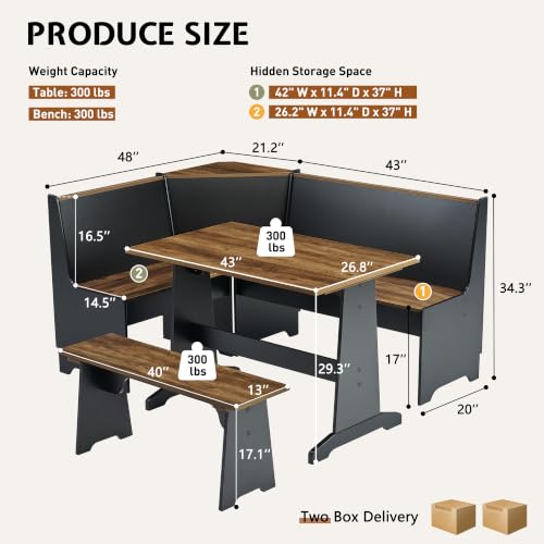 3-Piece Corner Dining Set with Hidden Storage, L-Shaped Breakfast Nook