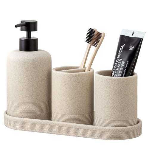 4-Piece Modern Resin Bathroom Accessory Set, Beige Sandstone Look