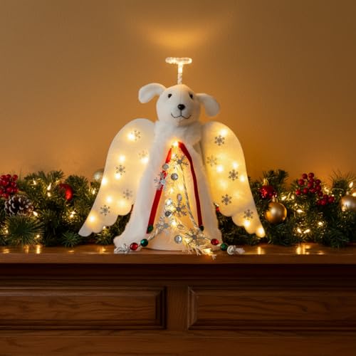 Dog Angel Christmas Tree Topper with LED Lighted Halo & Wings Decor