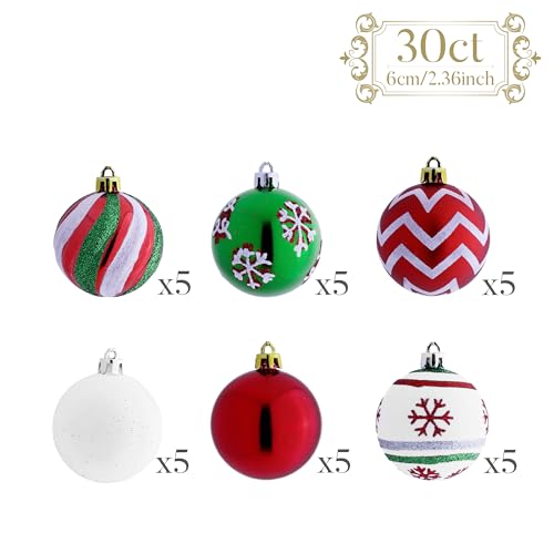 30-Piece Christmas Ornament Set - 2.36 Inch Shatterproof Hanging Tree Balls