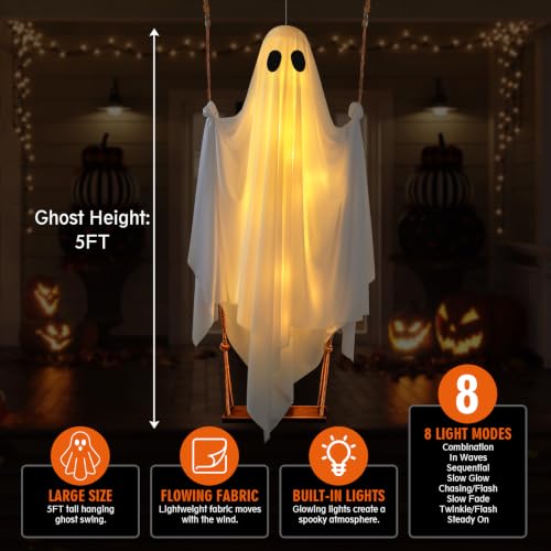 Light Up Hanging Halloween Ghost Decoration with Remote LED Lights