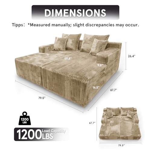 Oversized Modular Corduroy Loveseat Chaise Lounge with 4 Pillows
