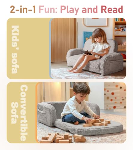 2-in-1 Sherpa Fold Out Kids Couch - Convertible Foam Sofa Chair, Gray