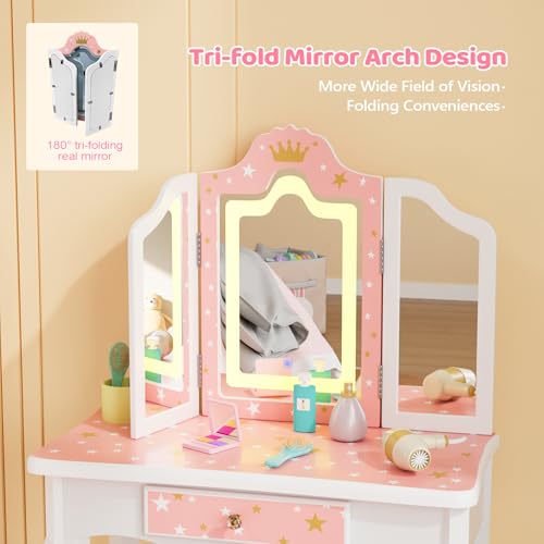 Kids Vanity Set with Mirror and Chair - Pink Makeup Dressing Table