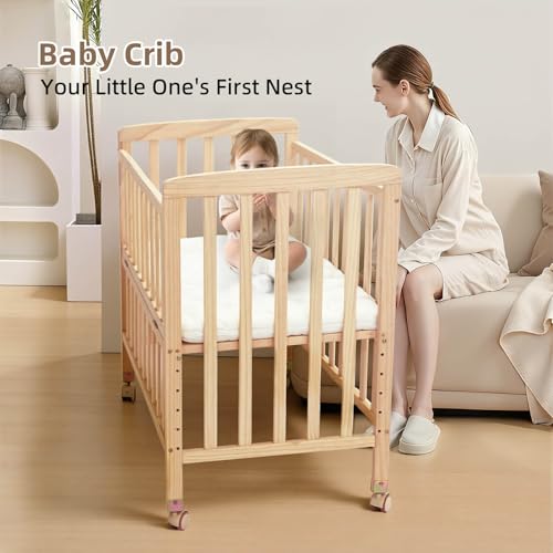 Portable Wooden Bedside Bassinet with Mattress, 6-Height Adjustable Mini Crib