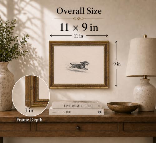 Gold Framed Running Dog Wall Art Vintage Sketch Canvas 9x11 Inch