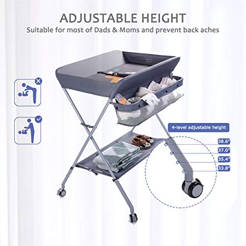 Portable Baby Changing Table with Storage, Adjustable Height Nursery Station