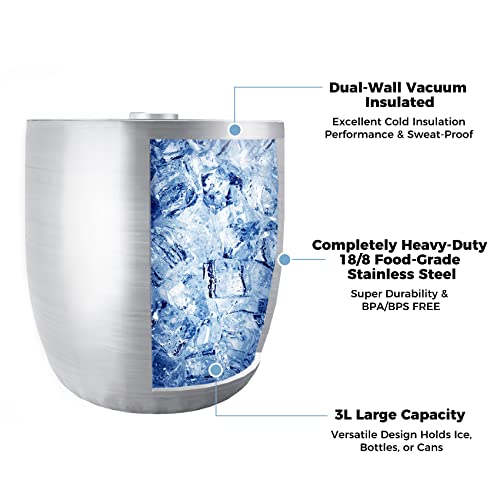 Tiken 3L Double-Wall Vacuum Insulated Ice Bucket with Lid & Tongs - Silver