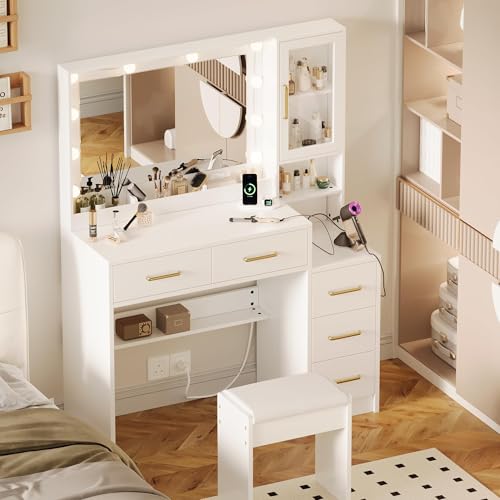 Makeup Vanity Table with Lights, Charging Station and 5 Storage Drawers