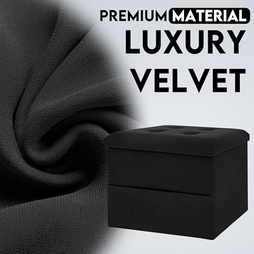 Small Velvet Storage Ottoman with Side Pocket, Foldable Footrest 16x12x12