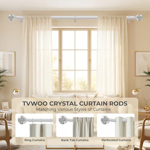 Silver Crystal Curtain Rod - Adjustable Heavy-Duty Drapery Rod