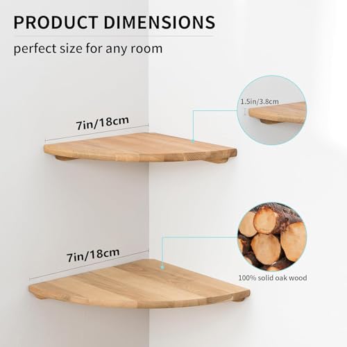 Set of 2 Solid Oak Wood Floating Corner Shelves, 7-Inch Wall Mount Shelf