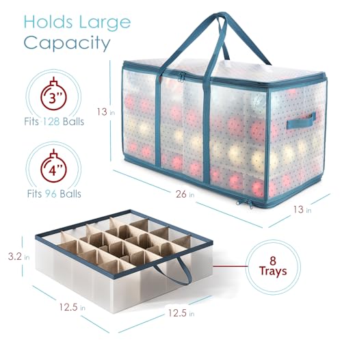 Large Christmas Ornament Storage Box with Adjustable Dividers for 128 Ornaments