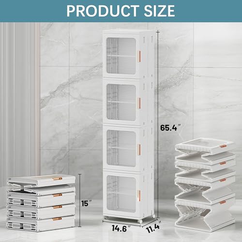 4-Tier Foldable Slim Storage Cabinet with Wheels, Narrow Organizer Unit