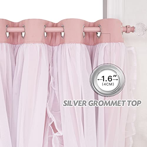 Pink Blackout Curtains with Ruffle Sheer Overlay, 52x84 Inch - 2 Panels