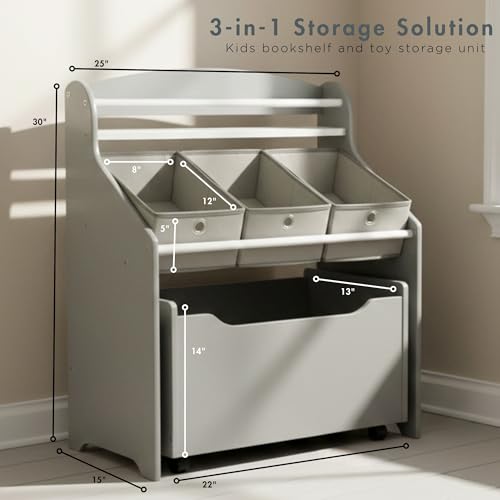 3-in-1 Kids Bookshelf and Rolling Toy Storage Organizer with Fabric Bins