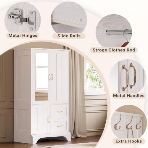 3-Door Wooden Wardrobe Armoire with Mirror, Hanging Rod and Drawers