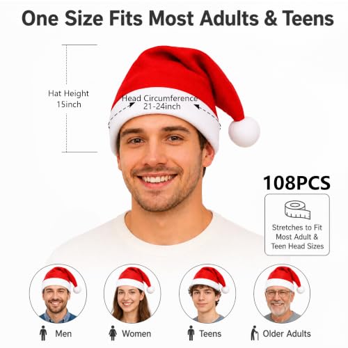 SORANGEUN 108pcs Santa Hats Bulk Red Christmas Caps for Holiday Decorations