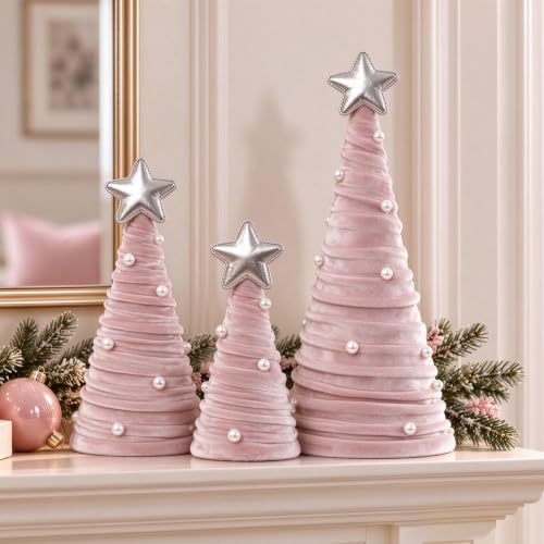 Pink Velvet Cone Christmas Tree Set with Pearls, 3-Piece Tabletop Decor