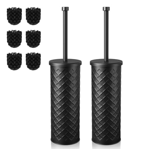 Toilet Bowl Brush and Holder Set (2 Pack) with 4 Extra Brush Heads - Black