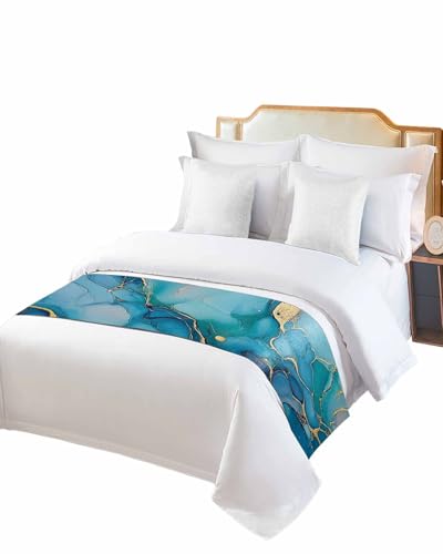 Teal & Gold Marble Bed Runner Scarf - Modern Cal King Decor (102"x20")